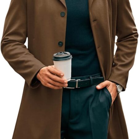 Mens Mid Long Trench Coat Slim Fit Winter Pea Coat Single Breasted Business Overcoat