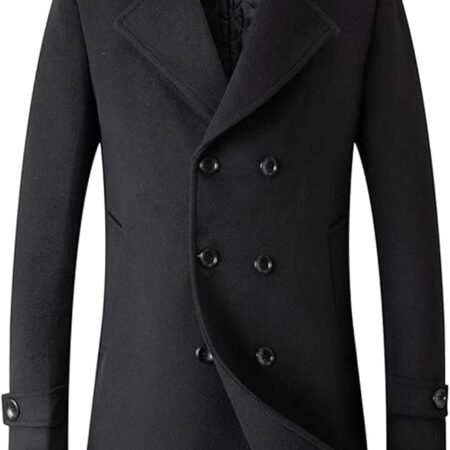 Men's Woolen Trench Coat Regular Fit Double Breasted Wool Blend Jacket Winter Pea Coat Businesss Overcoat