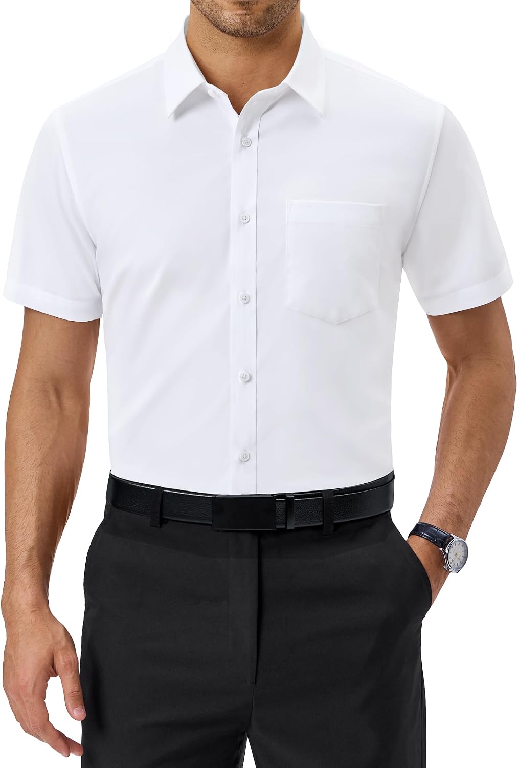 Mens Short Dress Shirts Regular Fit Stretch Wrinkle-Resistant Button Down Shirts
