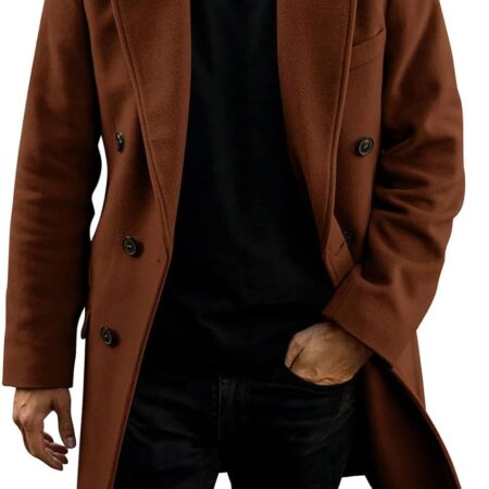 Mens Trench Coat Mid Long Double Breasted Slim Fit Peacoat Notched Lapel Winter Business Overcoat