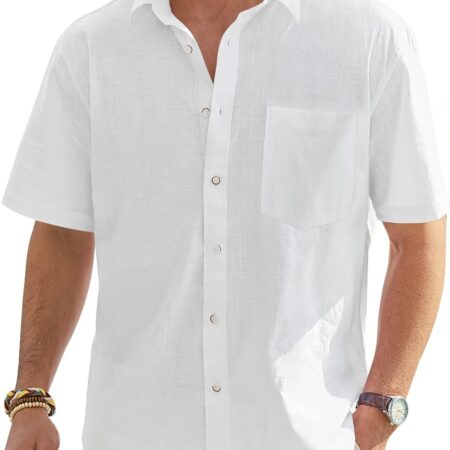 Men's Cotton Linen Short  Shirts Casual Lightweight Button Down Shirts Vacation Beach Summer Tops with Pocket