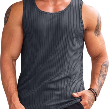 Men's Ribbed Tank Tops 2 Pack Knit less Workout T Shirt Muscle Gym Fitness Tee