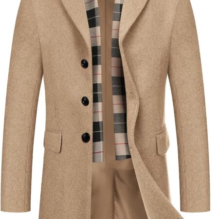 Men's Wool Blend Coat with Detachable Plaid Scarfs Notched Collar Single Breasted Pea Coat Trench Overcoat