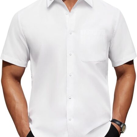 Mens Short Dress Shirt Wrinkle Free Solid Casual Button Down Shirts for Summer Business Wedding