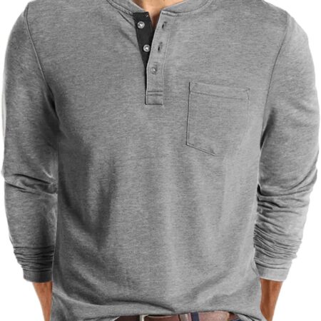 Men's Fashion  Shirts Long Sleeve Button Cotton T-Shirt with Pocket