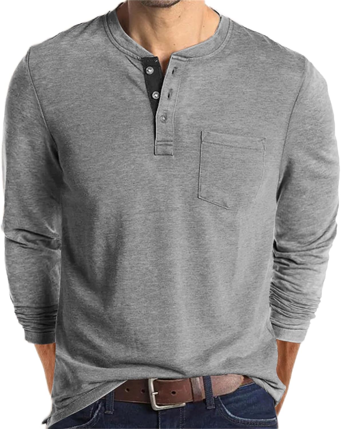 Men's Fashion Shirts Long Sleeve Button Cotton T-Shirt with Pocket