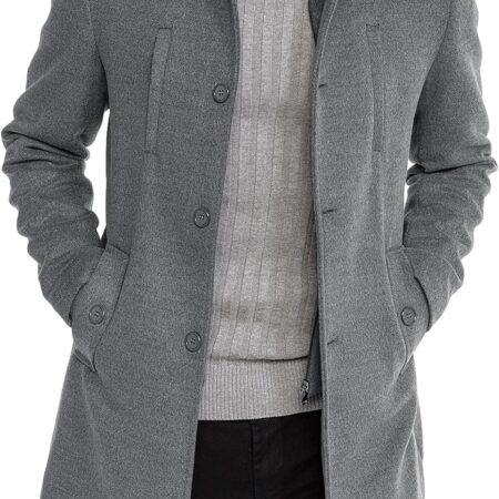 Mens Trench Coat Long Sleeve Stand Collar Single Breasted Pea Coat Casual Mid Long Slim Fit Overcoat with Pockets
