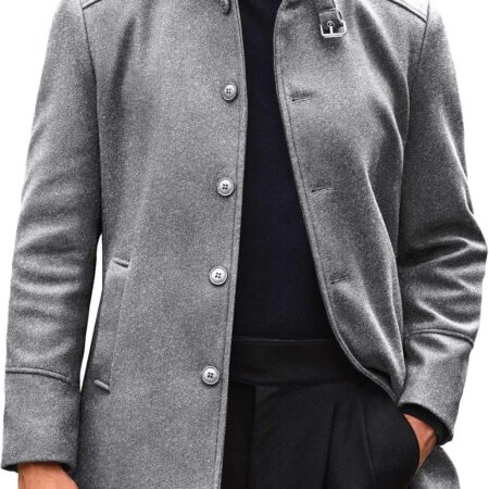 Mens Trench Coat Stand Collar Casual Slim Fit Single Breasted Pea Coat Overcoat